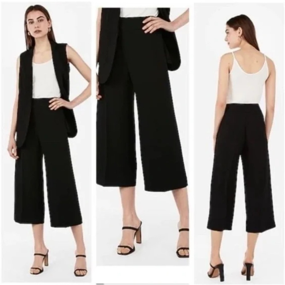 Express High Waisted Wide Leg Cropped Black Trousers Pants - Picture 2 of 10